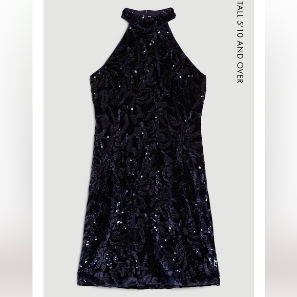 Karen Millen Tall Velvet Sequined Halter Woven Mini Dress - Picture 4 of 6